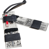 Partitioned Kit & Reference - Bar (PKR Bar): Keychain with compartmentalized storage areas for supplies and quick reference data engraved on backing.