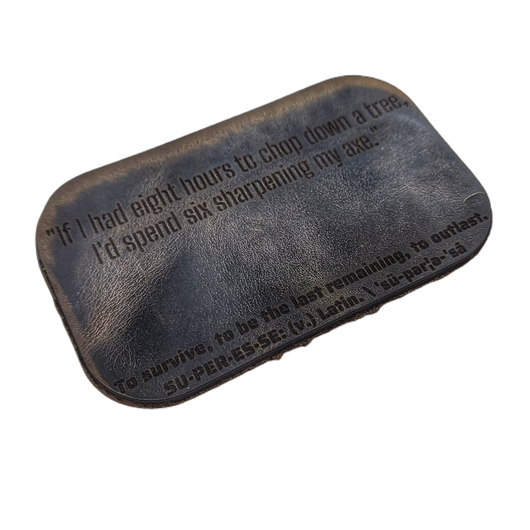 Leather Proverb Mat & Patch - Engraved Preparedness Quotes on a Tin Liner or Morale Patch.
